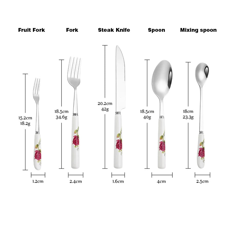 Ceramic Handle Tableware Set Stainless Steel Cutlery Set Steak Knife Fork Coffee Spoon Dessert Dinnerware Rose Flowers Pattern